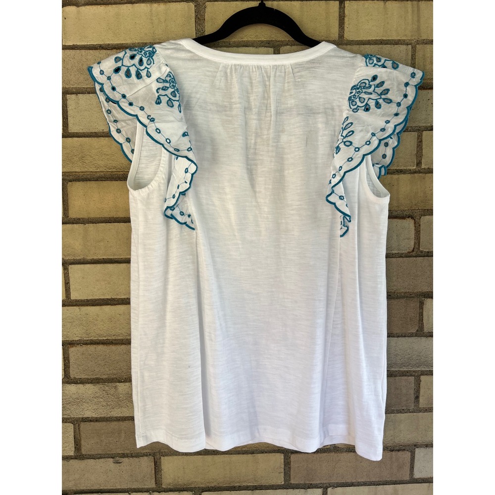 8. LOFT White Teal Floral Eyelet Ruffle Sleeve Henley Top Petite Size Small NWT - Picture 4 of 5